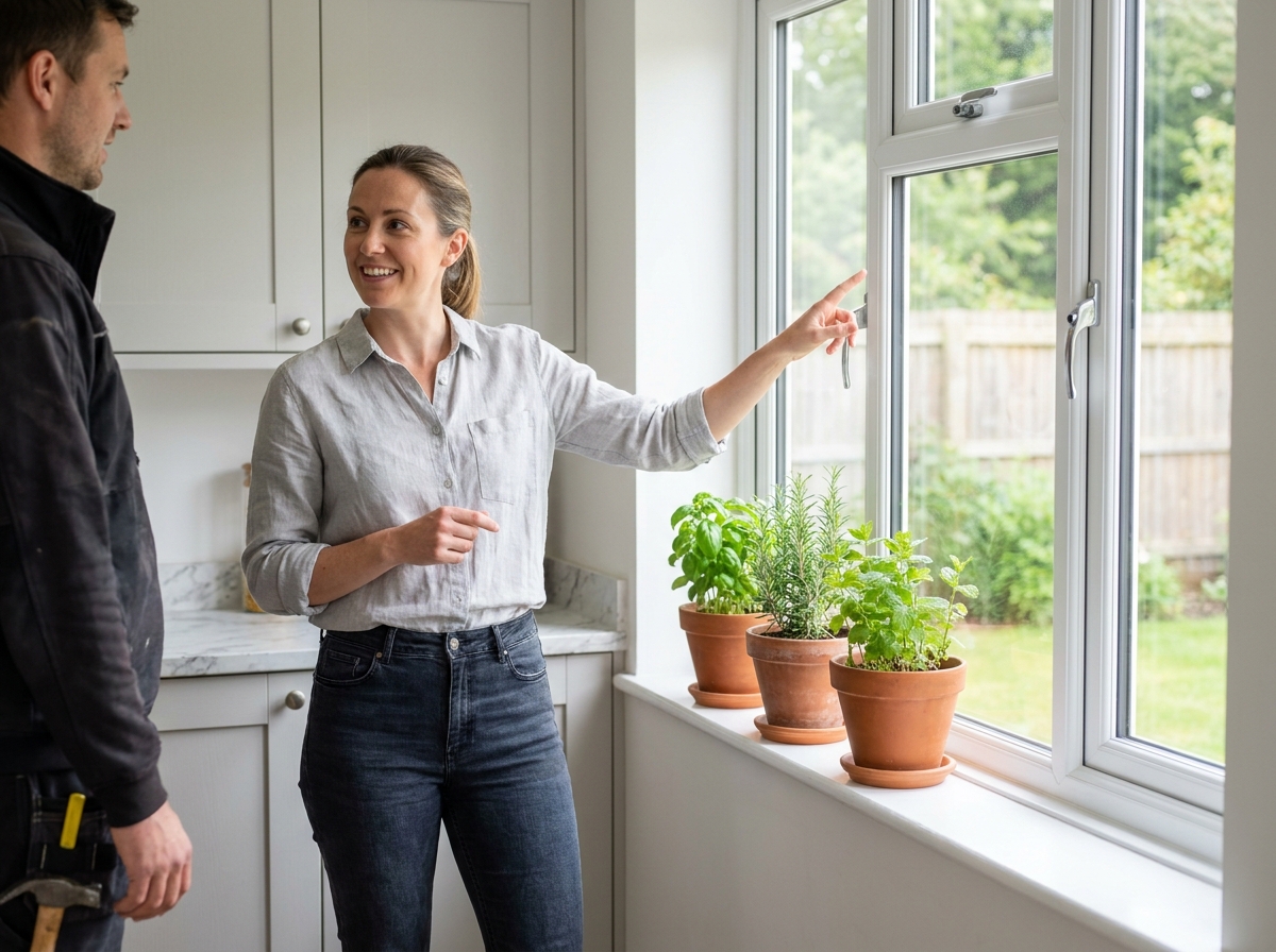 Propriétaire satisfaite inspectant une nouvelle fenêtre double vitrage installée par un menuisier local dans sa cuisine moderne