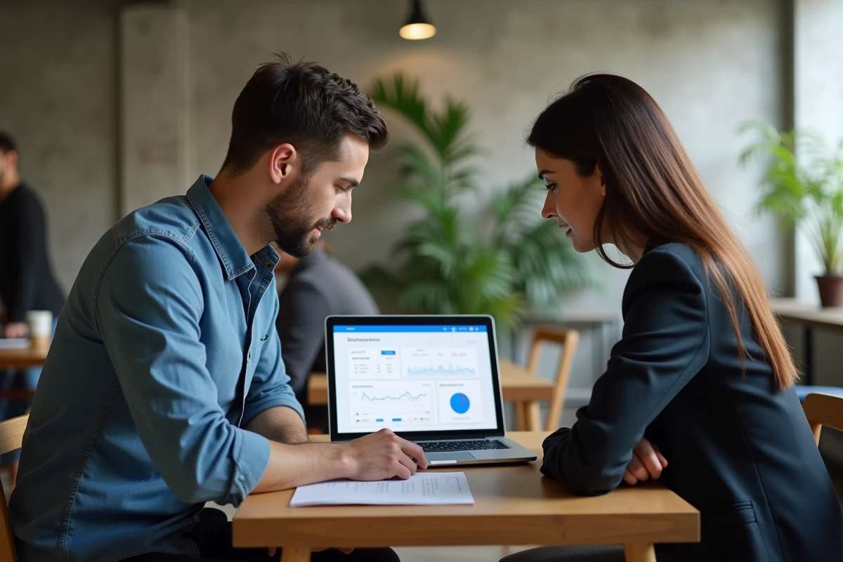Deux professionnels indépendants analysant leur fiche Google Business Profile dans un espace de co-working pour booster leur activité locale