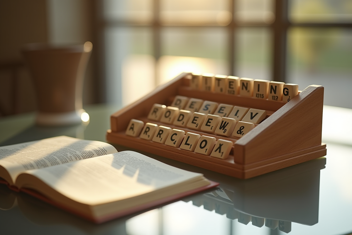 Rangement en bois avec tuiles de Scrabble et règle ouverte