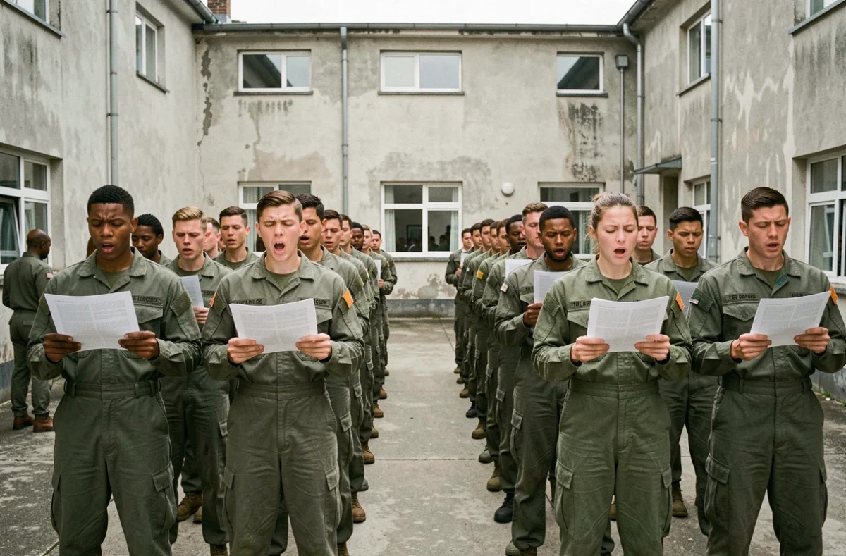 Recrues militaires hommes et femmes chantant des chants militaires dans une cour de caserne