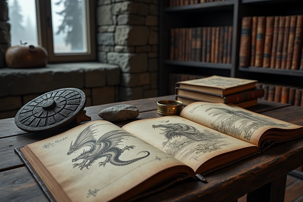 Références de mythologie nordique et esquisses de dragon viking sur une table de bibliothèque ancienne avec accessoires scandinaves