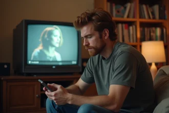 Homme roux assis devant un téléviseur vintage affichant un clip flou, cherchant un chanteur anglais roux sur son téléphone
