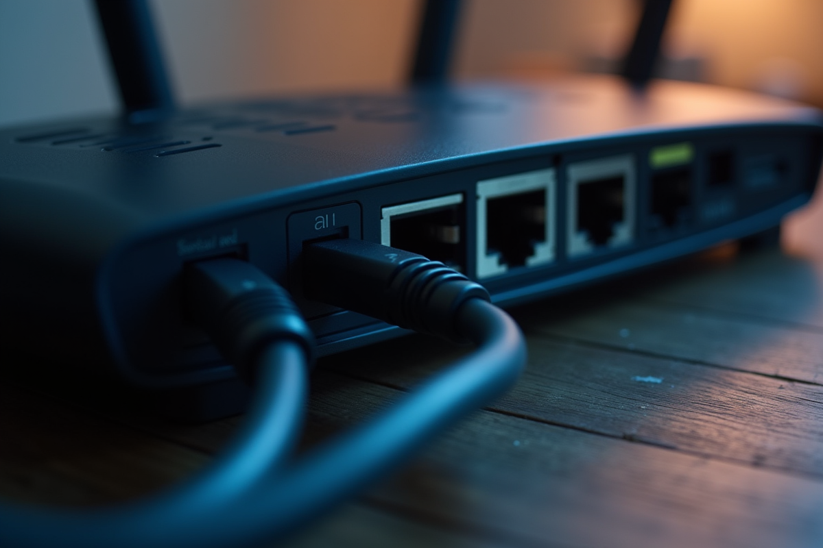 Filaire de routeur avec câbles Ethernet en gros plan