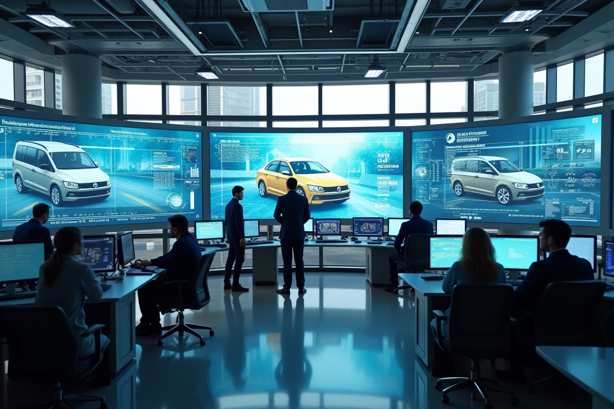Salle de controle high tech avec engineers surveillant des voitures autonomes