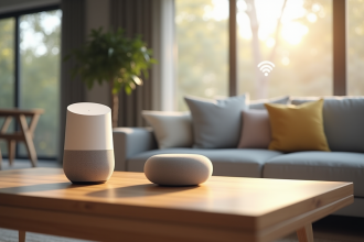 Salon moderne avec enceinte connectée et signal WiFi