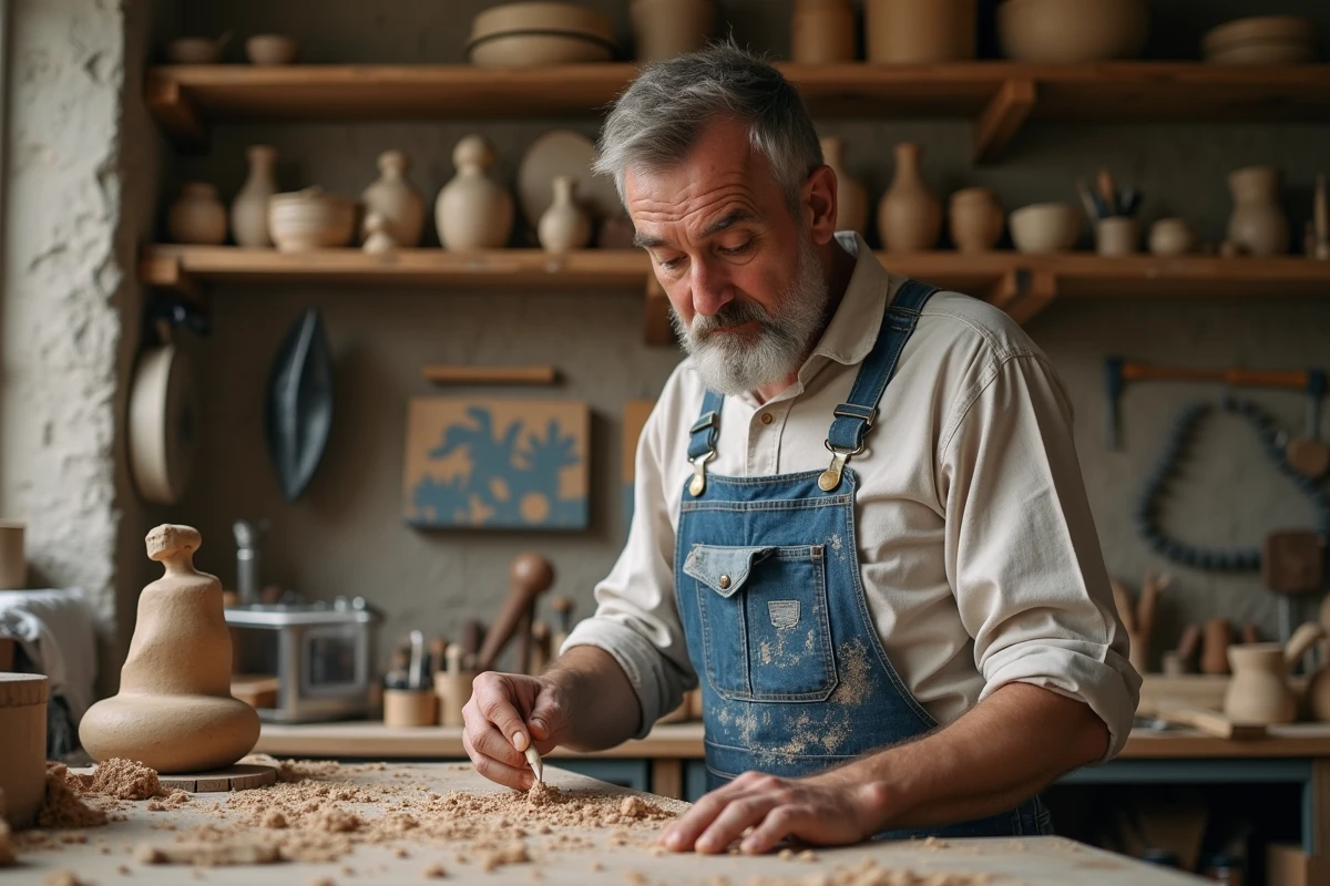 Artiste en atelier sculptant du bois avec outils