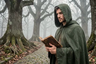 Homme en cape médiévale tenant un livre ancien sur un chemin forestier brumeux, évoquant l'univers du Seigneur des Anneaux