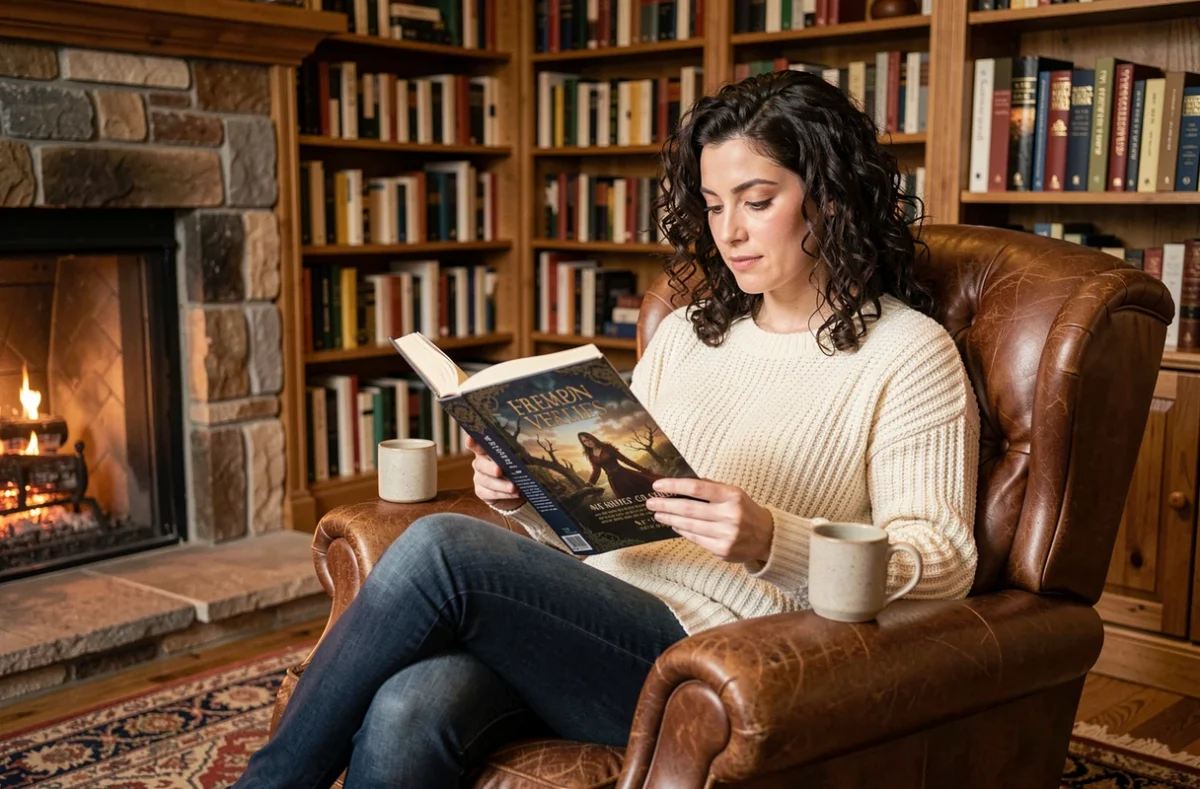 Femme lisant un roman fantastique épais dans un fauteuil en cuir près d'une cheminée dans une bibliothèque chaleureuse, illustrant la lecture du Seigneur des Anneaux dans l'ordre conseillé