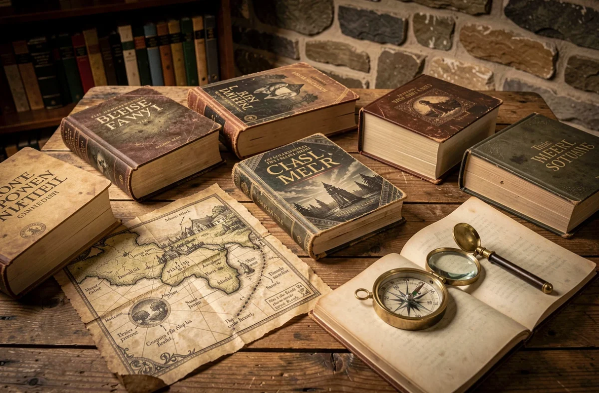 Collection de romans fantastiques épiques avec cartes parchemin et boussole sur une table en bois rustique pour comprendre l'ordre de lecture du Seigneur des Anneaux