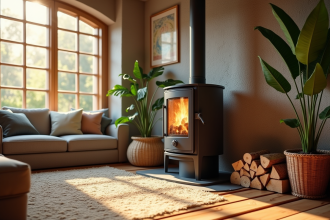 Salon chaleureux avec cheminee moderne et plantes