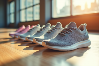 Sélection de baskets de fitness pour femmes sur un sol en bois