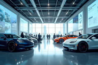 Vitrine futuriste de voitures électriques modernes en showroom