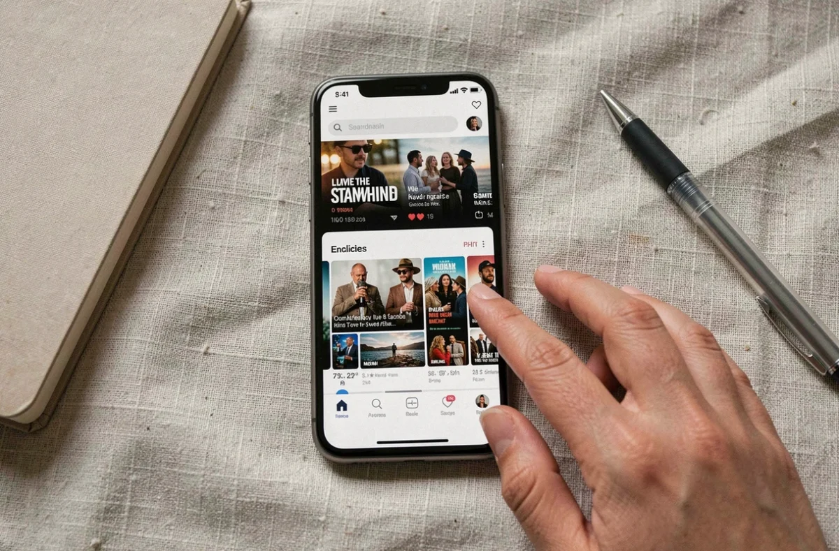 Gros plan d'un smartphone affichant un site de streaming de films sur une surface en lin avec une main qui navigue