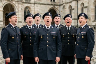 Soldats français en uniforme de cérémonie chantant en formation sur une place historique pavée
