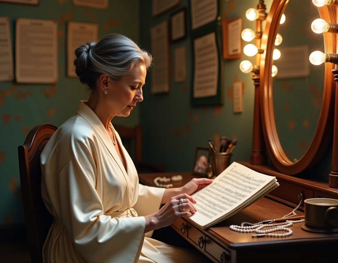 Soprano célèbre étudiant une partition musicale dans sa loge backstage d'un opéra classique