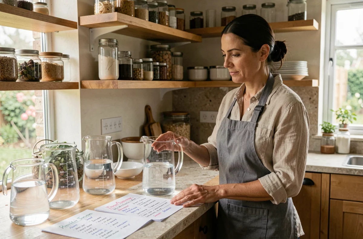 Femme consultant un tableau de conversion m3 et litres avec des récipients de mesure dans une cuisine moderne