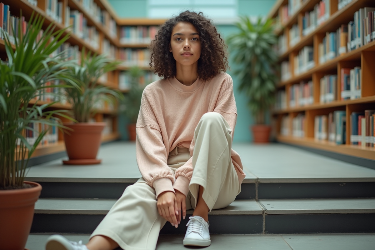 Adolescent nonbinaire assis dans une bibliothèque moderne