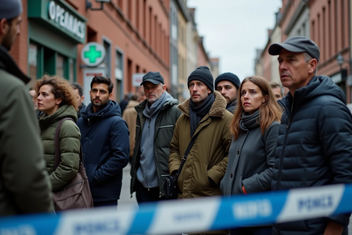 Passants inquiets rassemblés derrière un ruban de police sur un trottoir de Toulouse