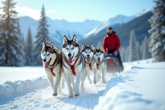Équipe de huskies tirant un traineau dans la neige en forêt