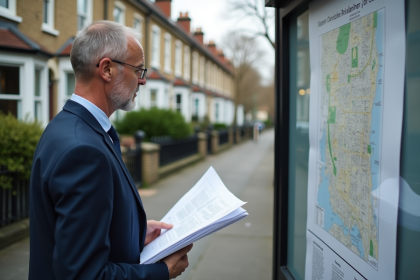 Urbaniste en ville étudiant une carte urbaine sur panneau