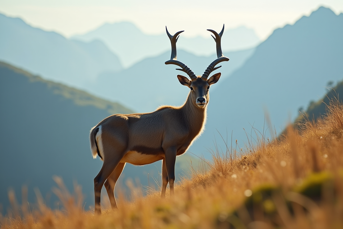 Urial adulte sur une colline ensoleillee avec montagnes en fond