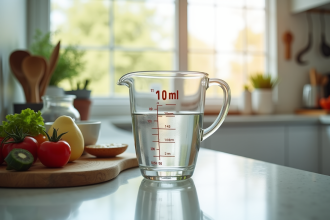 Verre mesure d'eau de 10 ml sur plan de cuisine moderne