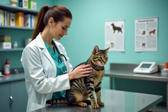 Vétérinaire examinant un chat tabby dans une clinique moderne