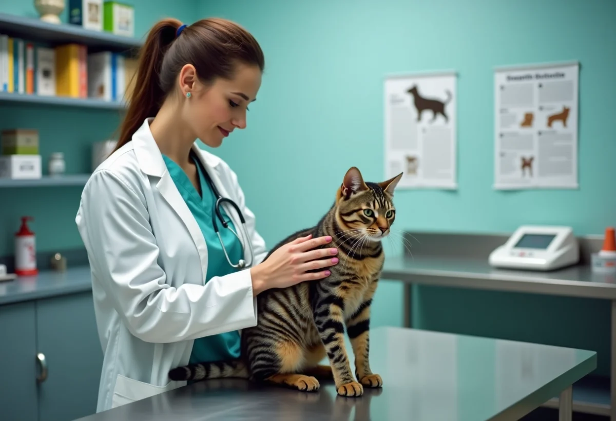 Vétérinaire examinant un chat tabby dans une clinique moderne