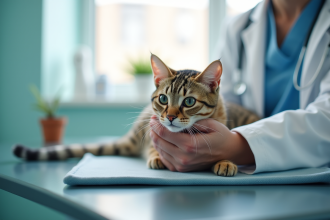 Vétérinaire examinant un chat calme en clinique