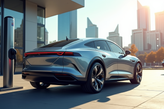 Voiture hybride moderne au chargeur en ville ensoleillee