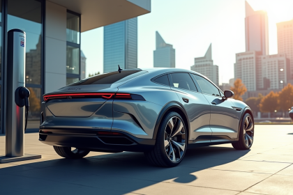 Voiture hybride moderne au chargeur en ville ensoleillee