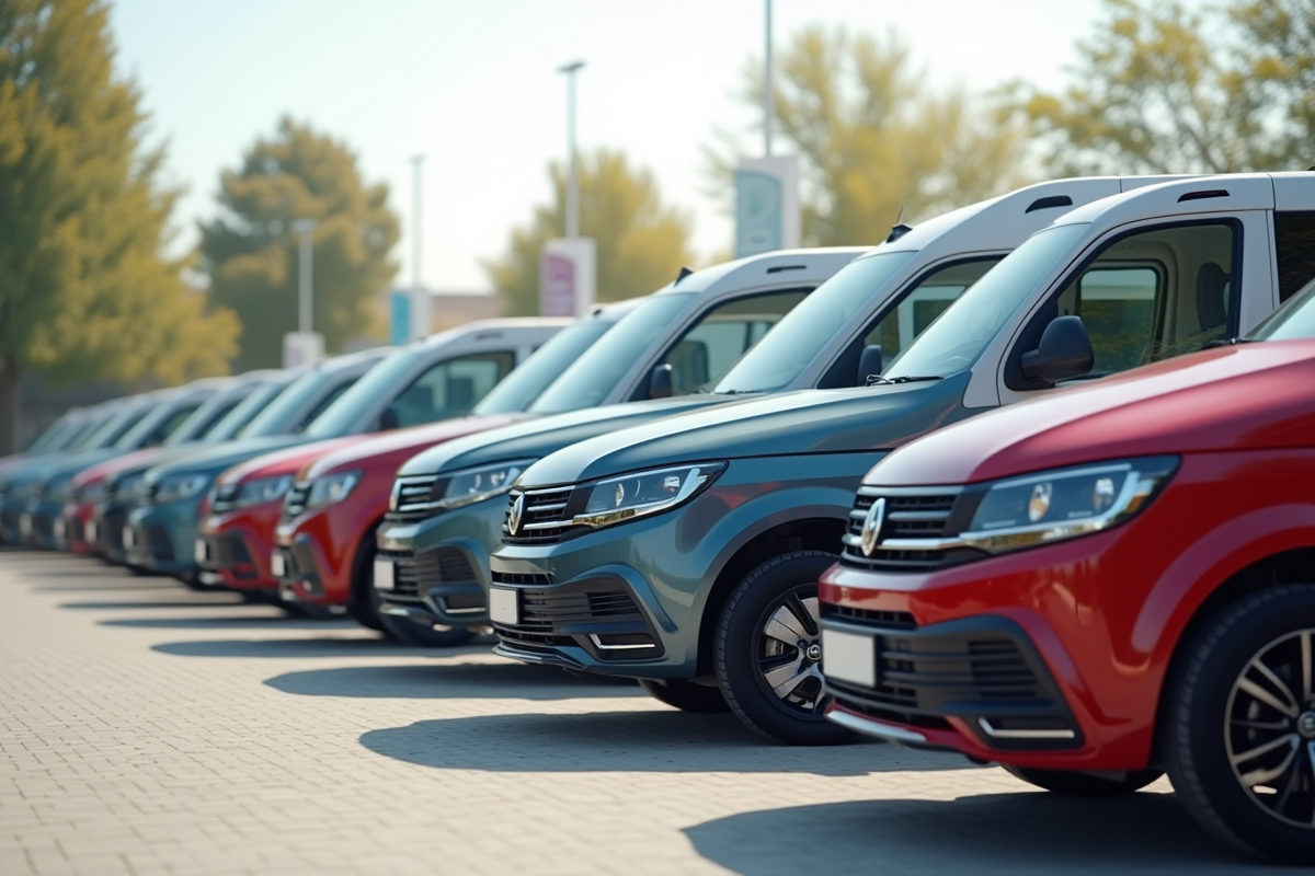 Ligne de minivans colorés dans un parking extérieur lumineux
