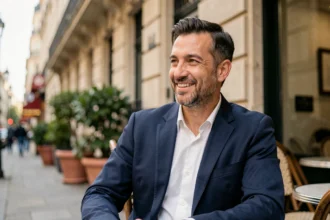 Homme élégant en blazer marine souriant à la terrasse d'un café parisien, illustrant la discrétion et la vie privée d'une personnalité médiatique